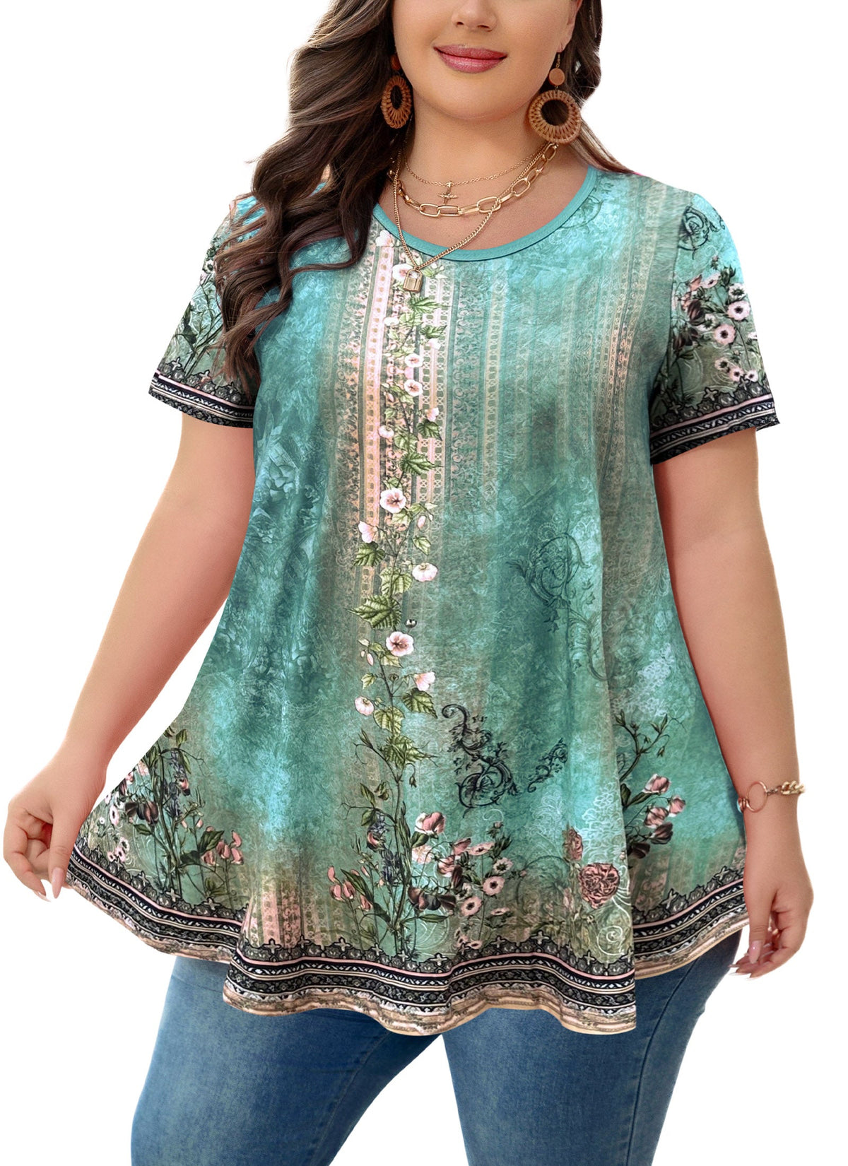 Women's Plus Size Floral Tunic Top – Short Sleeve, Flowy Swing Blouse to Wear with Leggings