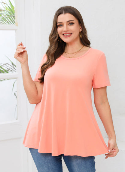 Women's Plus Size Swing Tunic Top – Short Sleeve, Flowy Flare, Crew Neck Blouse to Wear with Leggings