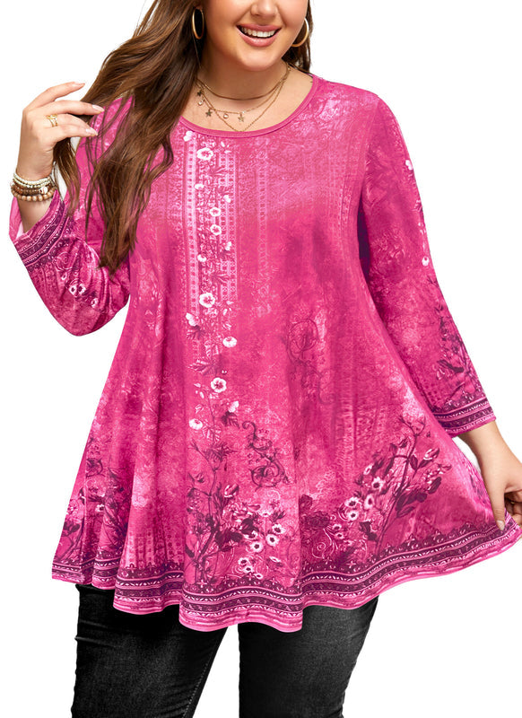 Women's Plus Size Hot Pink Floral Tunic Top – 3/4 Sleeve Swing Flare Blouse
