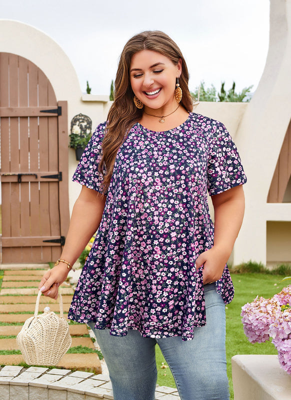 Women's Plus Size Navy Blue & Purple Tunic Top – Short Sleeve Swing Blouse