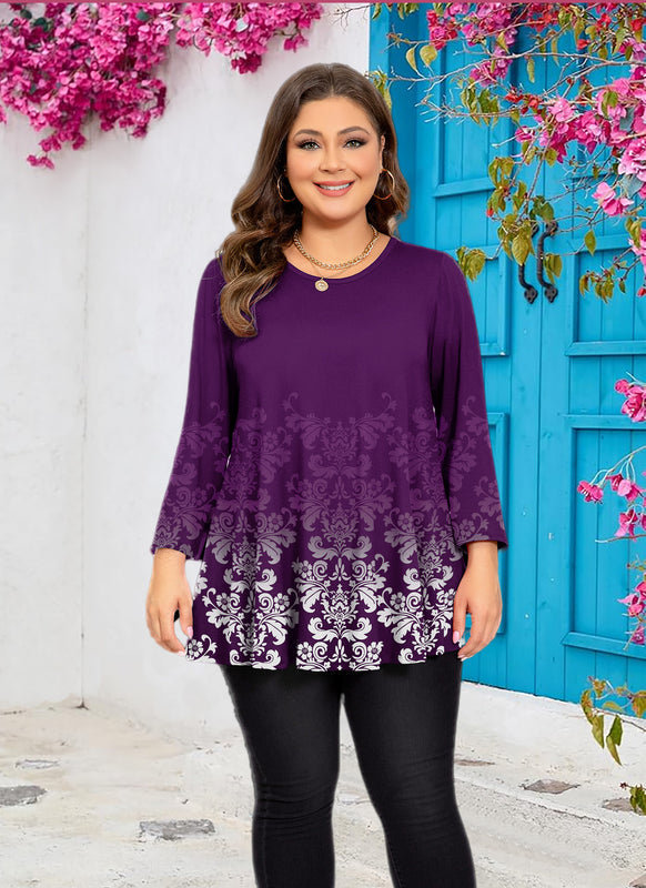 Women's Plus-Size Purple Floral Peplum Top – 3/4 Sleeve Flared Hem