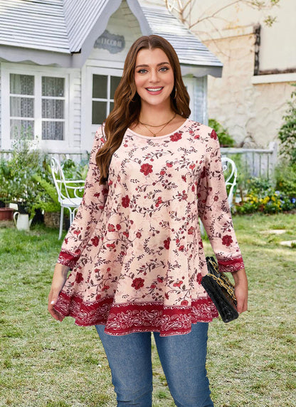 Women's Plus Size Red & Pink Floral Tunic Top – 3/4 Sleeve Swing Flare Blouse