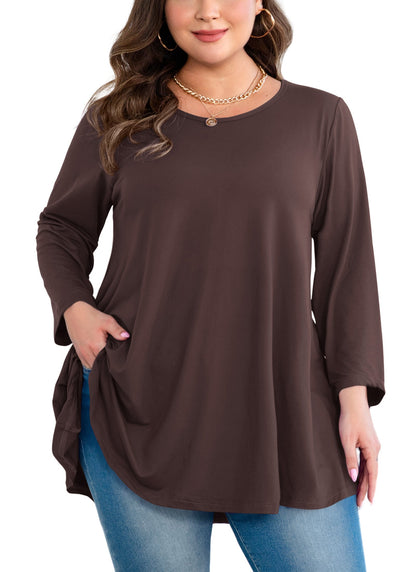 Women's Plus Size Tunic Top | 3/4 Sleeve Brown Swing Flare Blouse for Leggings S-7XL