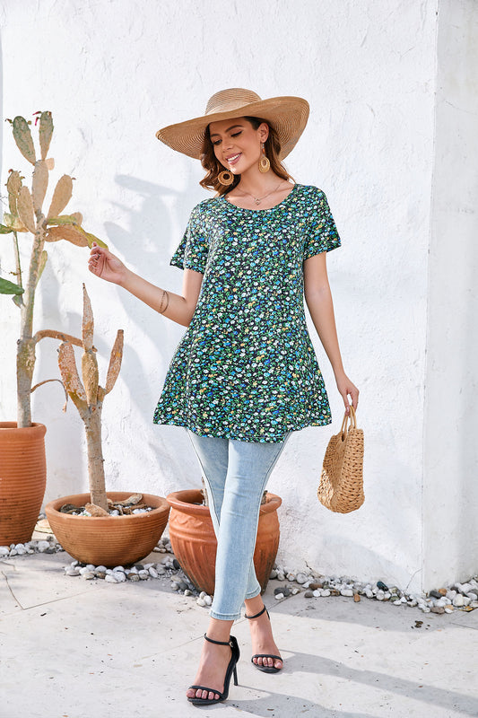 Dark Green Ditsy Floral Print Tunic Top – Women's Plus Size Short Sleeve Swing Blouse to Wear with Leggings (S–7XL)