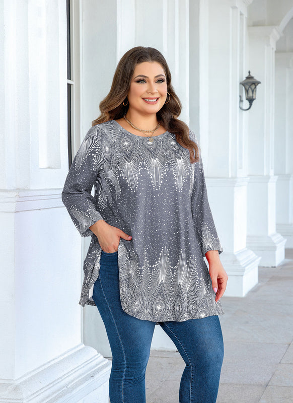 Women's Plus Size Grey Art Deco Print Tunic Top – 3/4 Sleeve Swing Blouse with Pockets