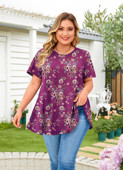 Women's Magenta Floral Swing Tunic Top – Short Sleeve, Plus Size