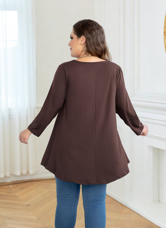 Women's Plus Size Tunic Top | 3/4 Sleeve Brown Swing Flare Blouse for Leggings S-7XL