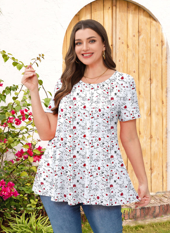 Women's Plus Size White Floral Tunic Top – Short Sleeve, Flowy Swing Blouse to Wear with Leggings