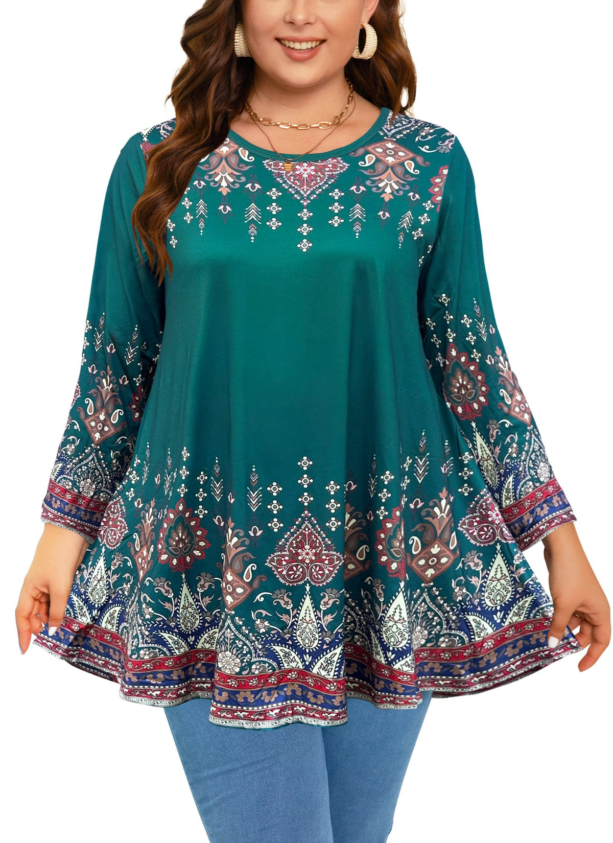 Women's Plus Size Teal & Blue Floral Tunic Top – 3/4 Sleeve Swing Flare Blouse