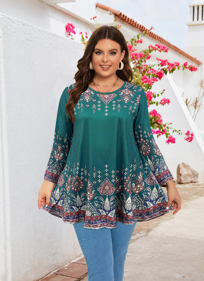 Women's Plus Size Teal & Blue Floral Tunic Top – 3/4 Sleeve Swing Flare Blouse