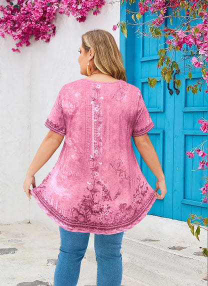 Womens Plus Size Tops Short Sleeve Swing Flare Flowy Tunic Loose Fit Summer Casual Blouses to Wear with Leggings