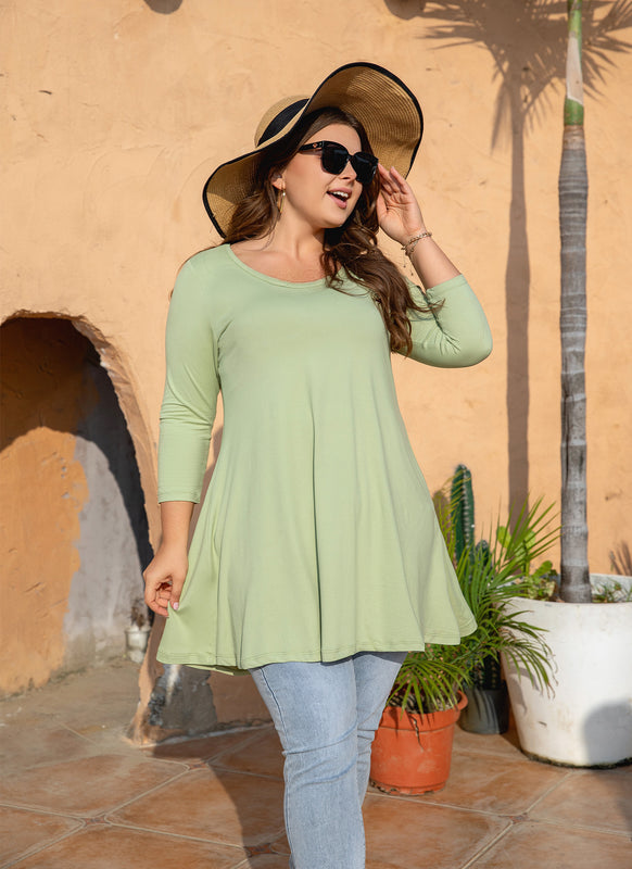 Women's Plus Size Sage Green Tunic Top | 3/4 Sleeve Swing Blouse, Flowy Loose Fit, Wear with Leggings – S to 6XL