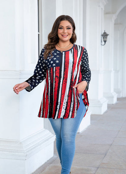 Women's Plus Size American Flag Tunic Top – 3/4 Sleeve Patriotic Swing Blouse (S–6XL)