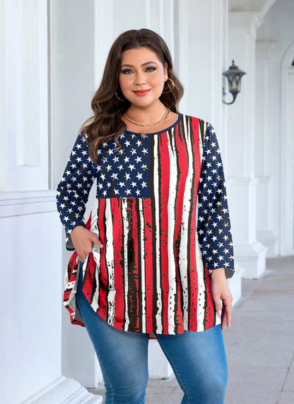 Women's Plus Size American Flag Tunic Top – 3/4 Sleeve Patriotic Swing Blouse (S–6XL)