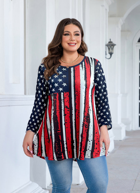 Women's Plus Size American Flag Tunic Top – 3/4 Sleeve Patriotic Swing Blouse (S–6XL)