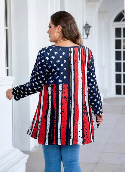 Women's Plus Size American Flag Tunic Top – 3/4 Sleeve Patriotic Swing Blouse (S–6XL)