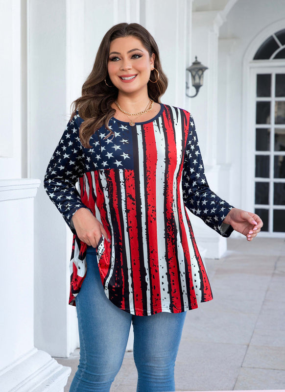 Women's Plus Size American Flag Tunic Top – 3/4 Sleeve Patriotic Swing Blouse (S–6XL)