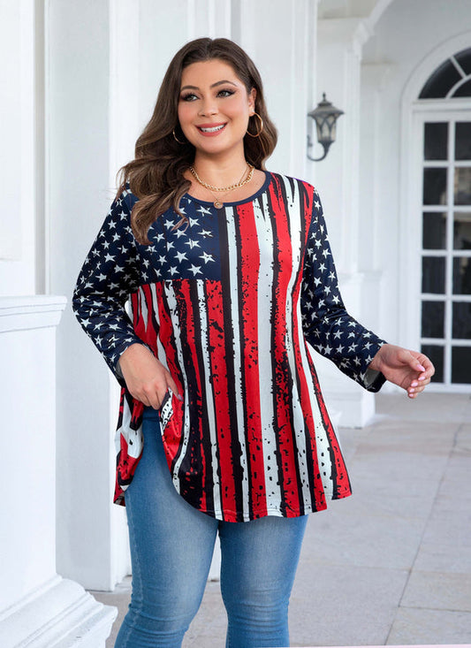 Women's Plus Size American Flag Tunic Top – 3/4 Sleeve Patriotic Swing Blouse (S–6XL)