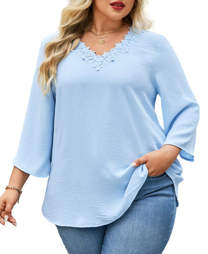 Women's Plus Size Floral Trim V-Neck Tunic Top