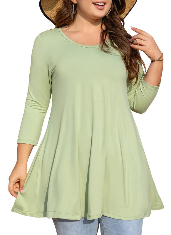 Women's Plus Size Sage Green Tunic Top | 3/4 Sleeve Swing Blouse, Flowy Loose Fit, Wear with Leggings – S to 6XL