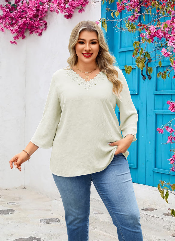 Women's Plus Size Floral Trim Tunic Top | V-Neck 3/4 Sleeve Blouse
