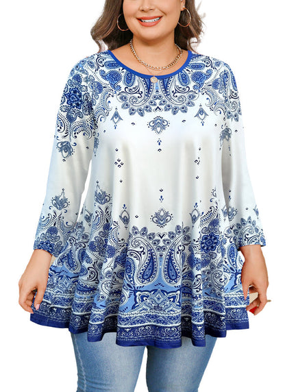 Women's Plus Size Blue & White Floral Tunic Top – 3/4 Sleeve Swing Flare Blouse