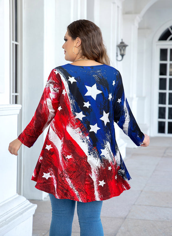 Women's Plus Size American Flag Tunic Top – 3/4 Sleeve Patriotic Swing Flare Blouse