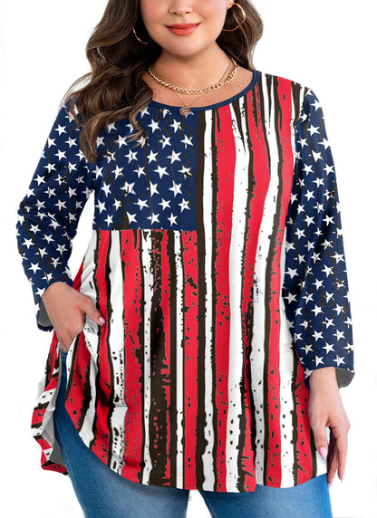Women's Plus Size American Flag Tunic Top – 3/4 Sleeve Patriotic Swing Blouse (S–6XL)