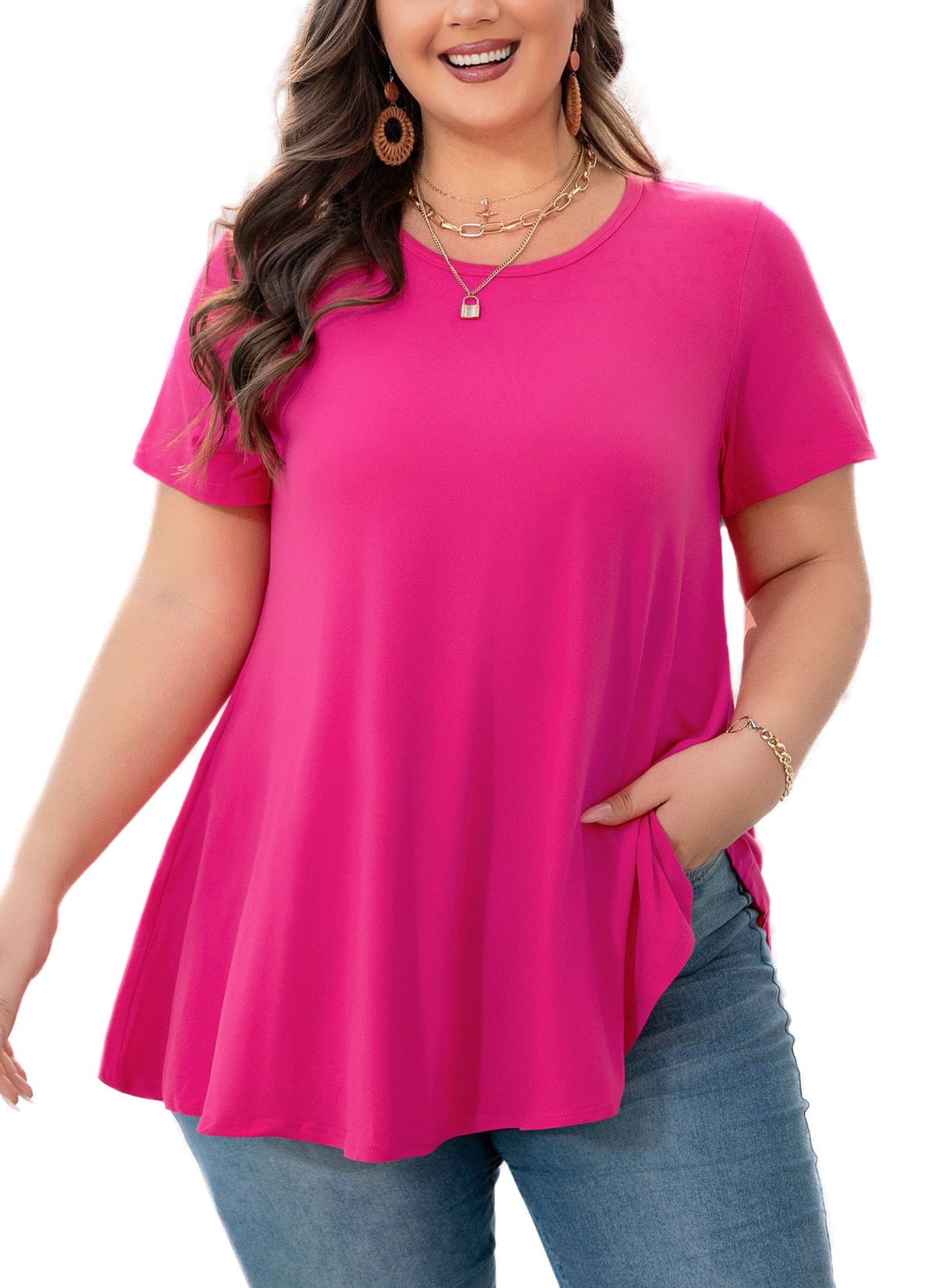 Women's Plus Size Swing Tunic Top – Short Sleeve, Flowy Flare, Crew Neck Blouse to Wear with Leggings