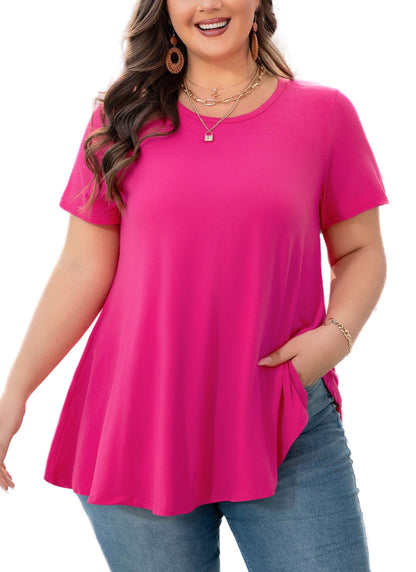 Women's Plus Size Swing Tunic Top – Short Sleeve, Flowy Flare, Crew Neck Blouse to Wear with Leggings