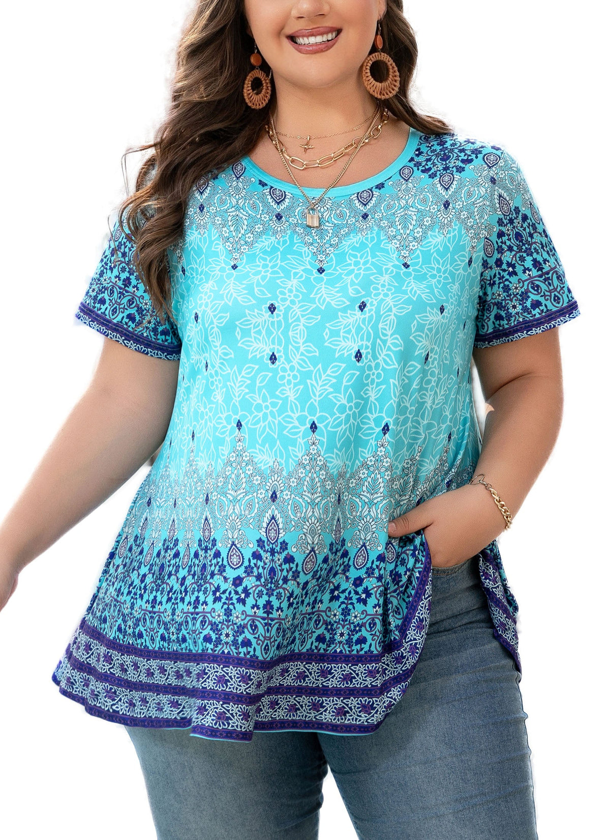 Women's Plus Size Paisley Tunic Top – Short Sleeve, Flowy Swing Blouse to Wear with Leggings