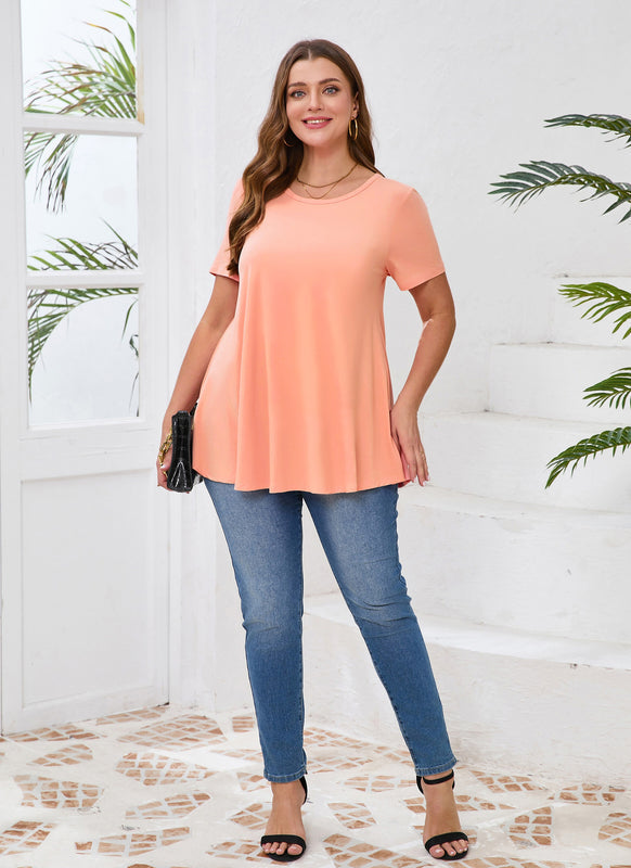 Women's Plus Size Swing Tunic Top – Short Sleeve, Flowy Flare, Crew Neck Blouse to Wear with Leggings