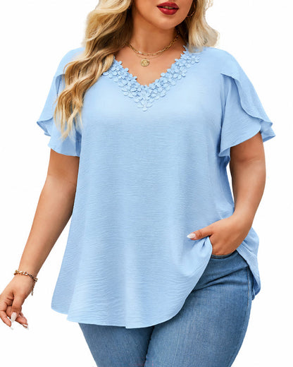 Women's Plus Size Light Blue Floral Trim V-Neck Blouse | Flutter Sleeve Tunic Top