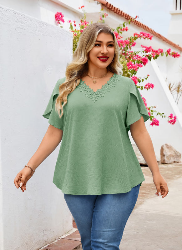 Women's Plus Size Floral Trim Tunic Top | V-Neck Short Sleeve Blouse – Sage Green