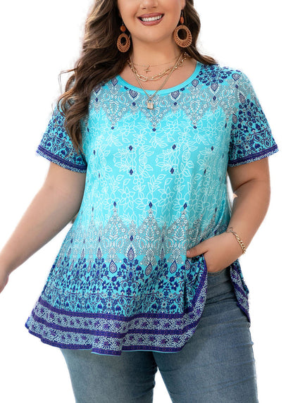 Women's Plus Size Paisley Tunic Top – Short Sleeve, Flowy Swing Blouse to Wear with Leggings