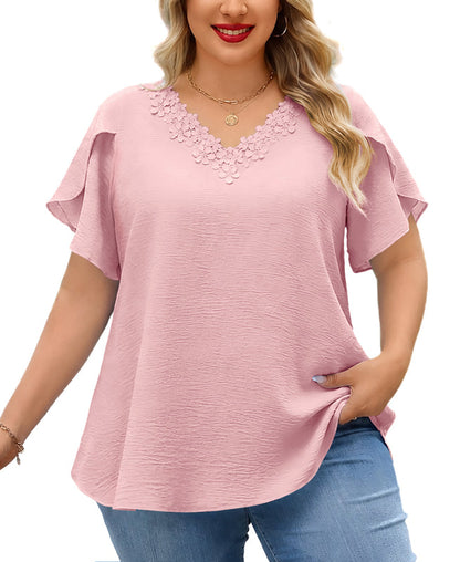 Women's Plus Size Pink Floral Trim V-Neck Blouse | Flutter Sleeve Tunic Top