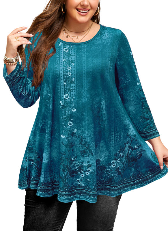 Women's Plus Size Teal Floral Tunic Top – 3/4 Sleeve Swing Flare Blouse