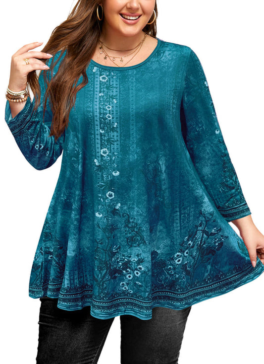 Women's Plus Size Teal Floral Tunic Top – 3/4 Sleeve Swing Flare Blouse