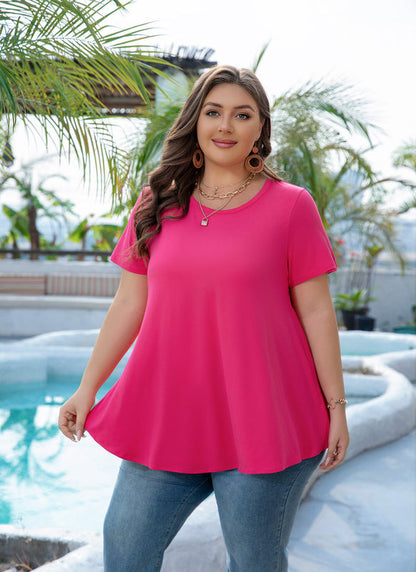 Women's Plus Size Swing Tunic Top – Short Sleeve, Flowy Flare, Crew Neck Blouse to Wear with Leggings
